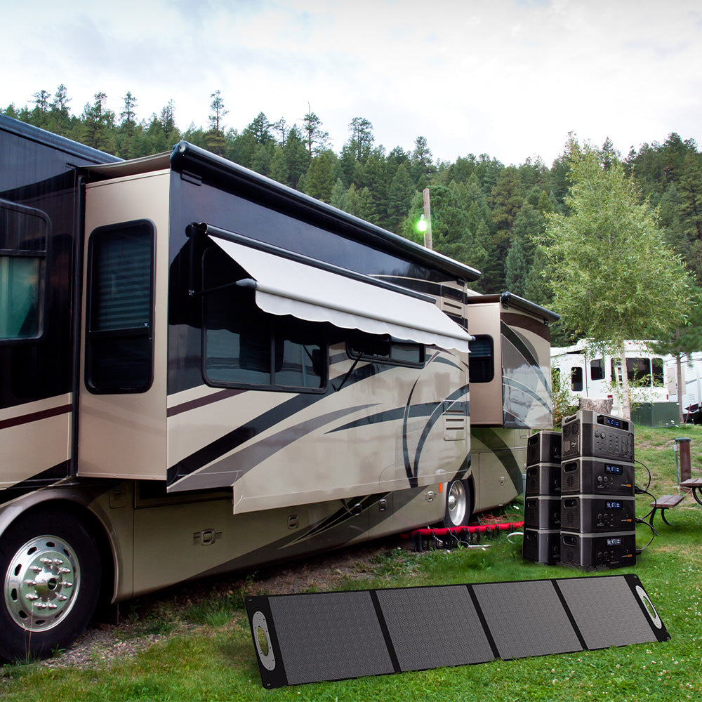 Photo of RV being powered by Grid Doctor system (plus seven 2200XP batteries).