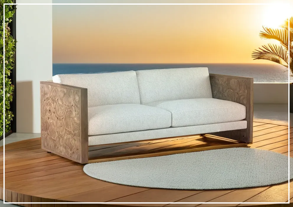 Bernhardt Madura Outdoor Sofa with Plush Cushions for Exteriors and Crafted from Teak Wood
