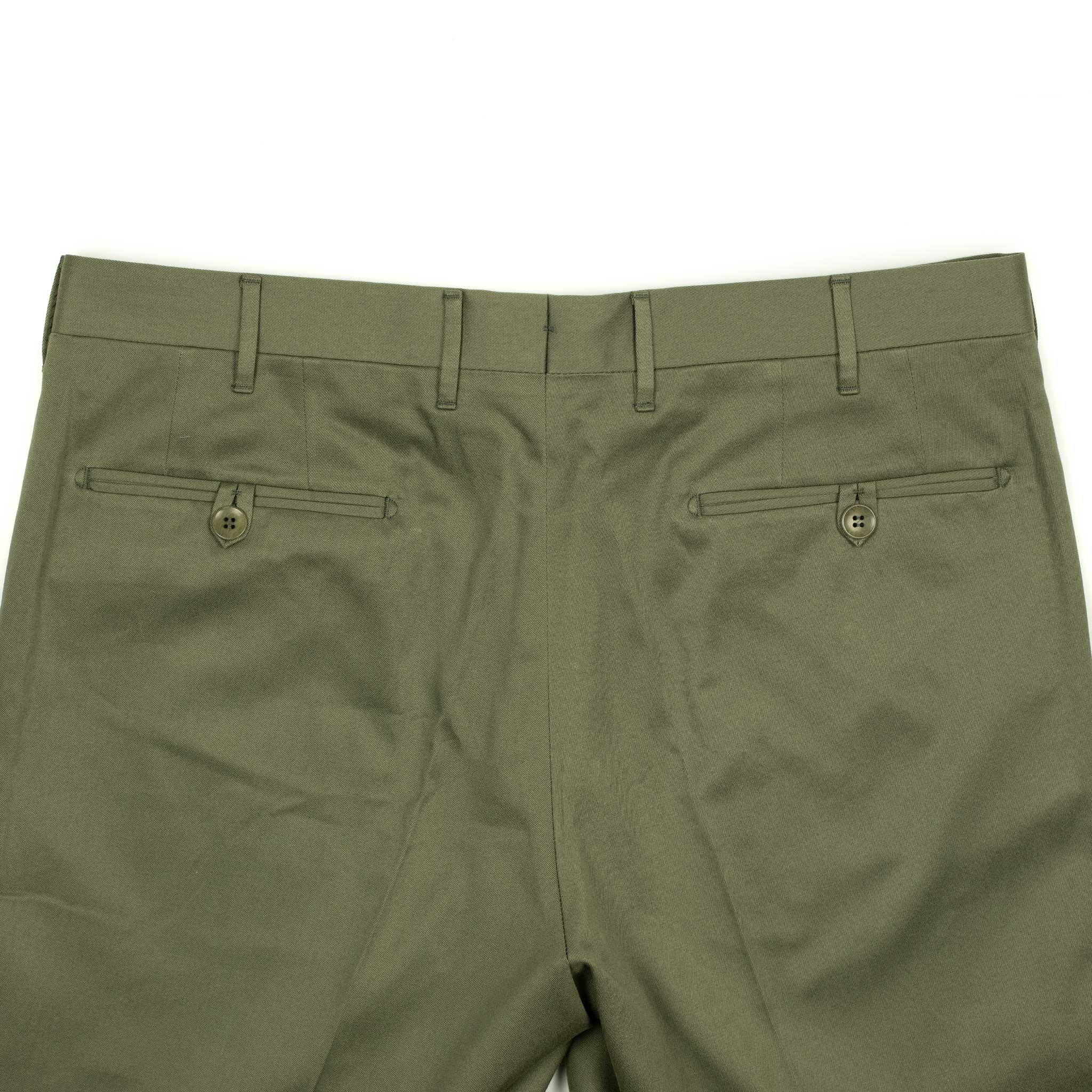 Flat-front trousers in olive green medium-weight cotton twill