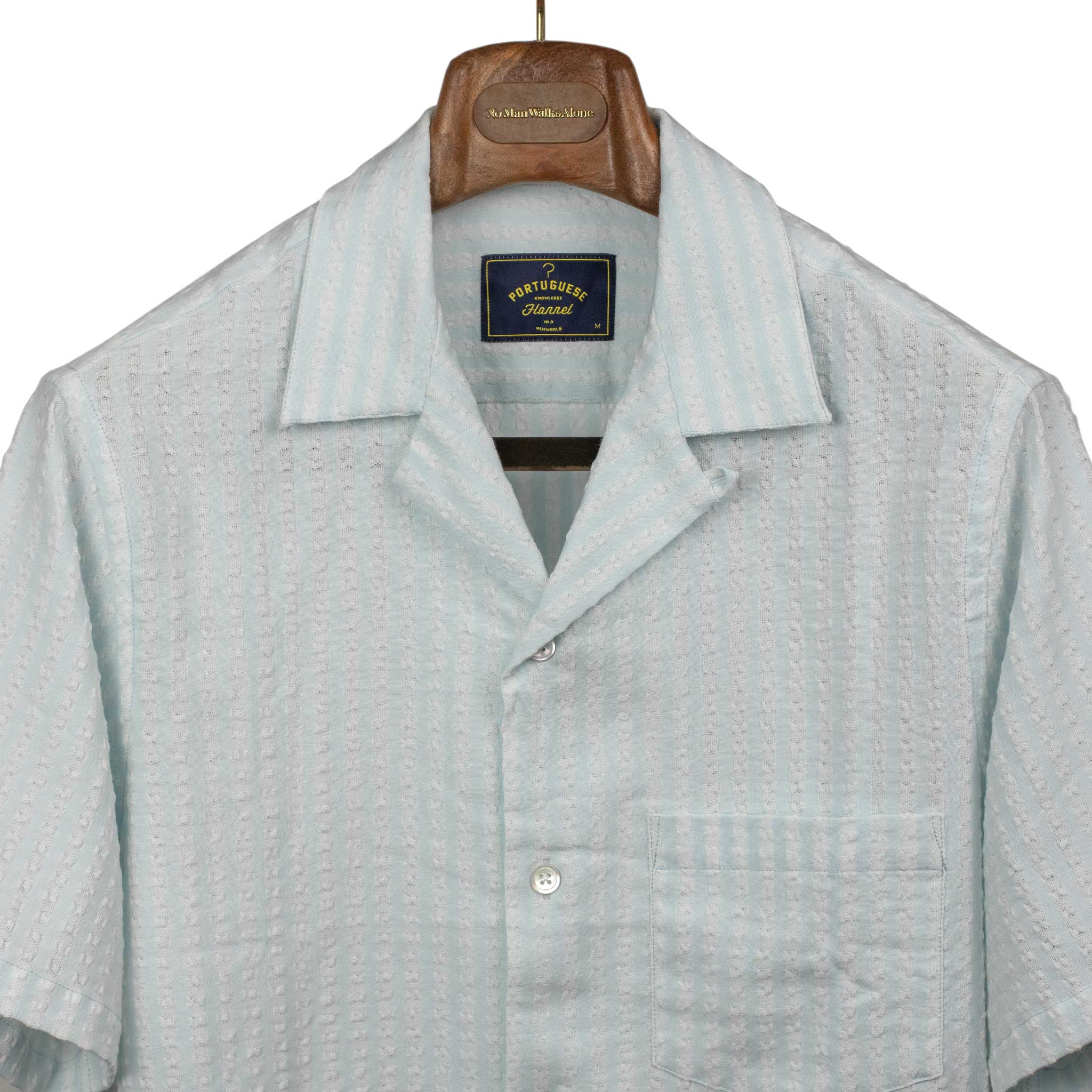 Camp collar shirt in blue and white striped cotton jacquard