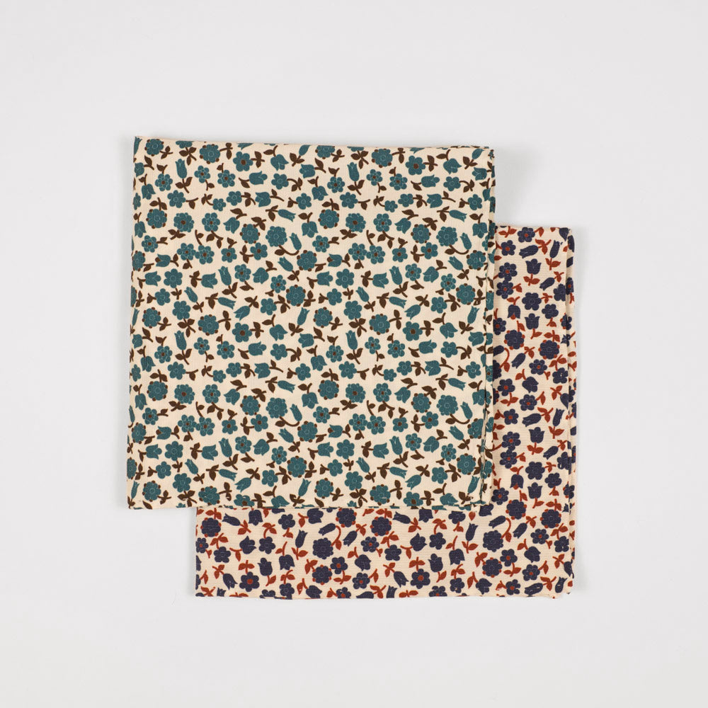 Cream cotton & silk pocket square, navy & copper flower print