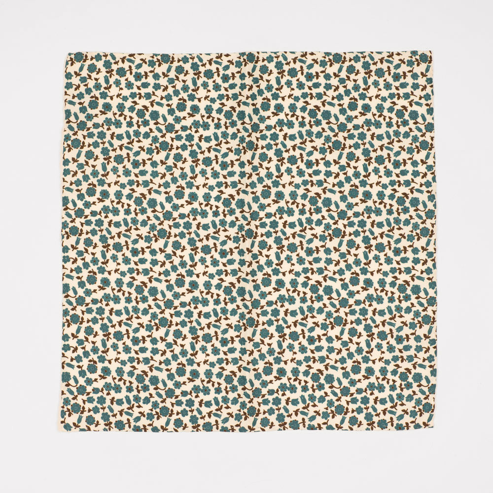 Cream cotton & silk pocket square, teal & brown flower print