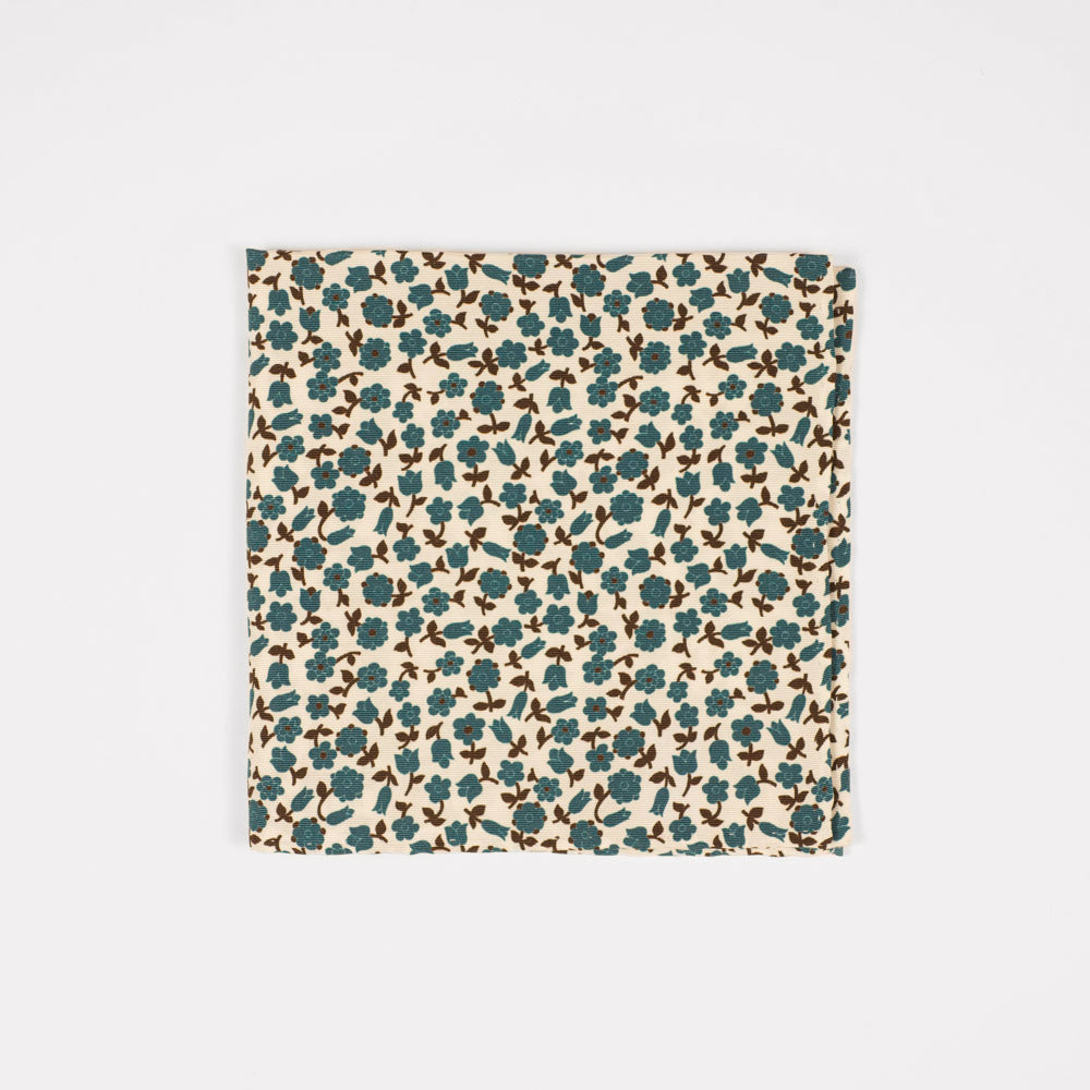 Cream cotton & silk pocket square, teal & brown flower print