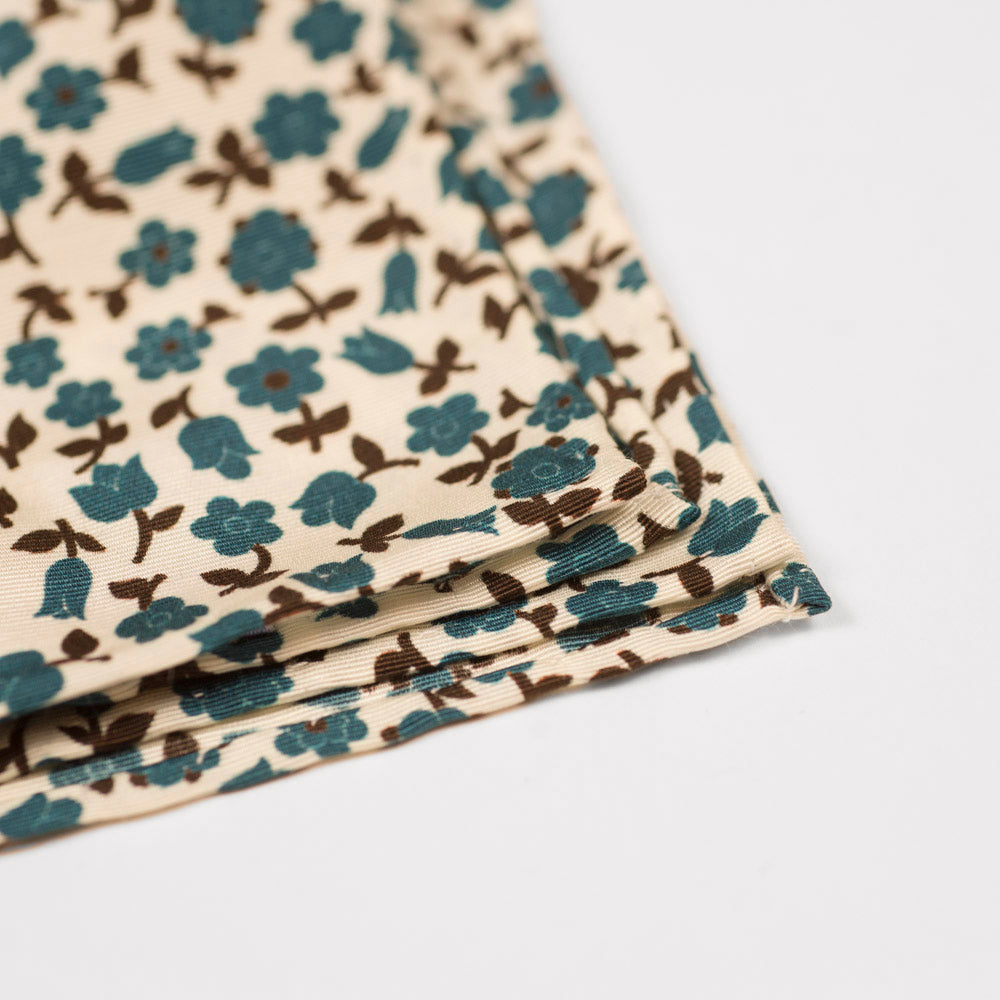 Cream cotton & silk pocket square, teal & brown flower print