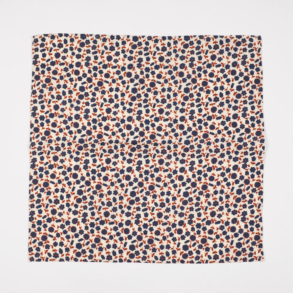 Cream cotton & silk pocket square, navy & copper flower print