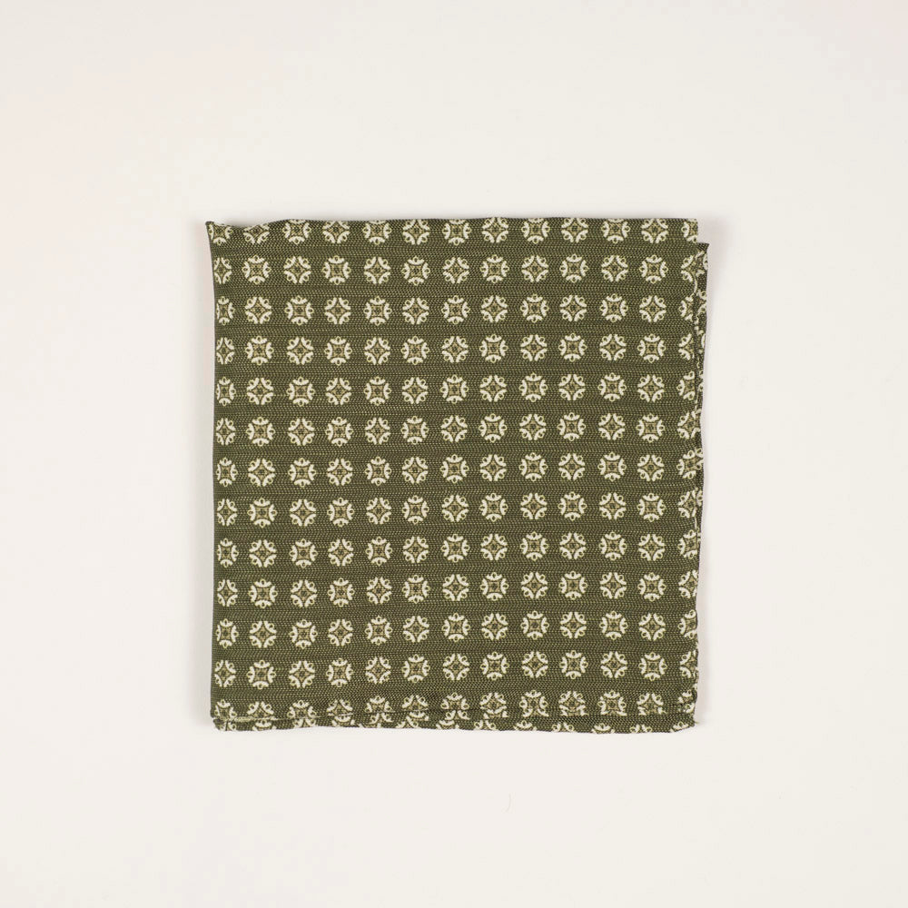 Green silk & linen pocket square, white & champagne neat print