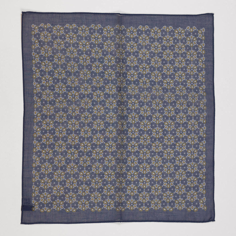 Blue cotton gauze pocket square, white & gold abstract flower print