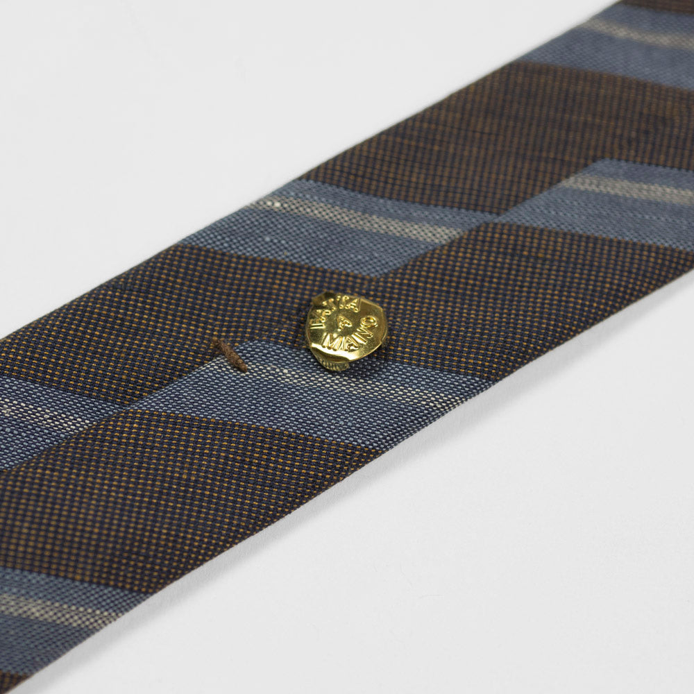 Brown cotton & linen tie, faded blue & white stripes