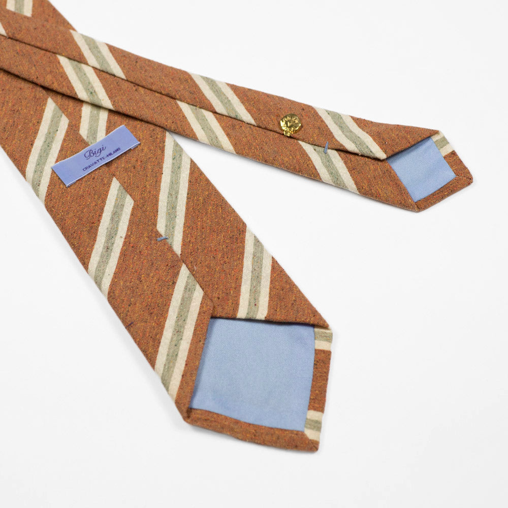 Copper donegal raw silk tie, grey & cream stripes