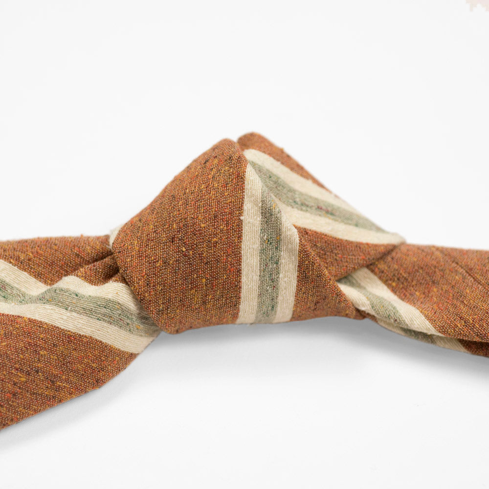 Copper donegal raw silk tie, grey & cream stripes