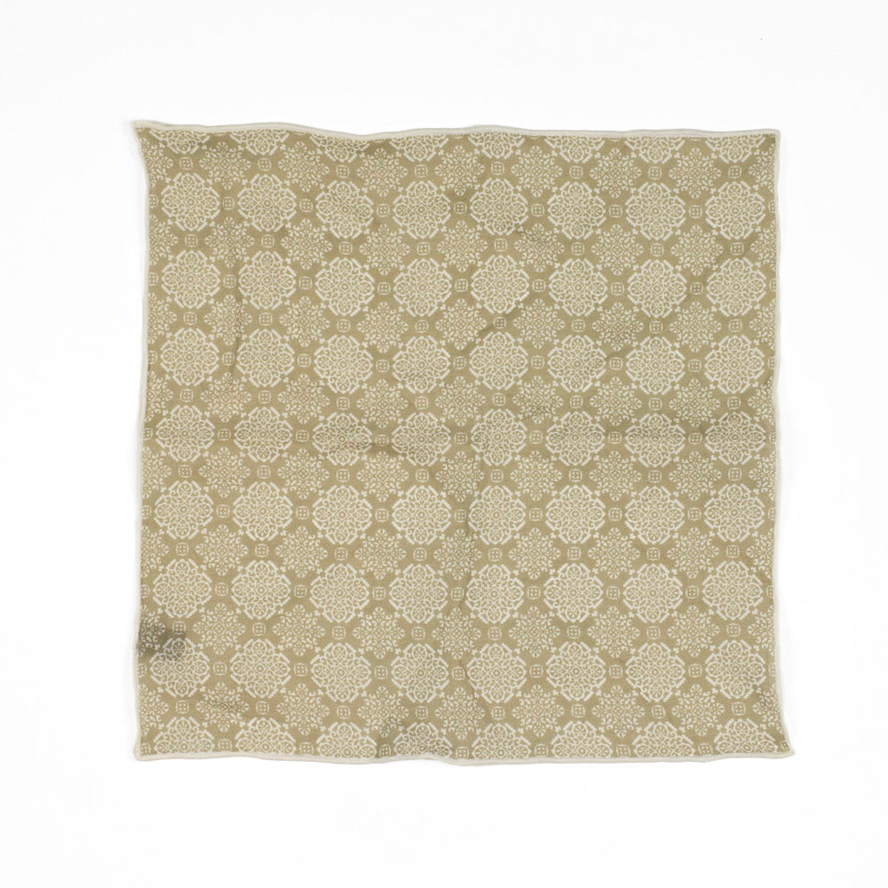 Beige linen pocket square, white damask pattern