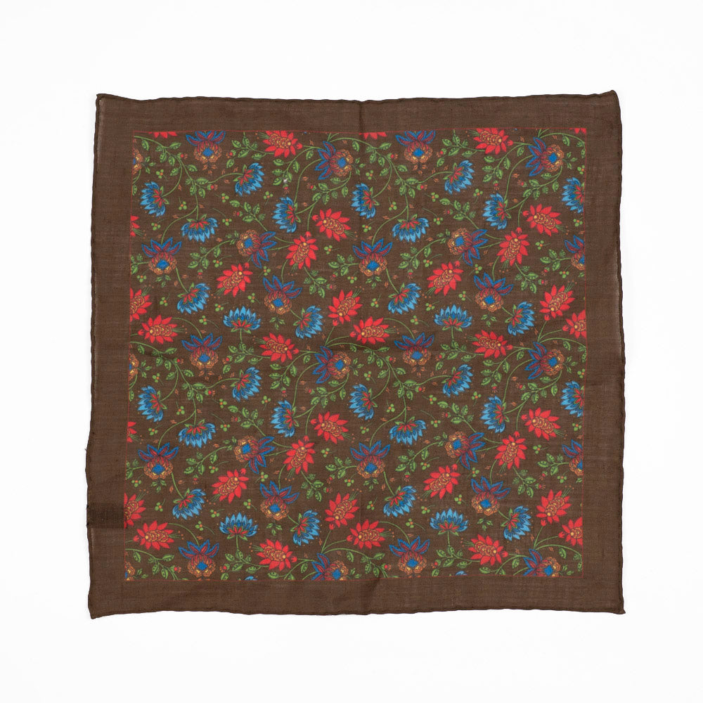 Brown linen square, red, light blue, and green flower print