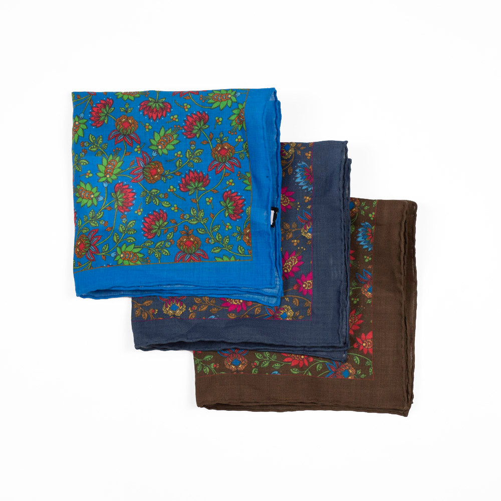 Brown linen square, red, light blue, and green flower print