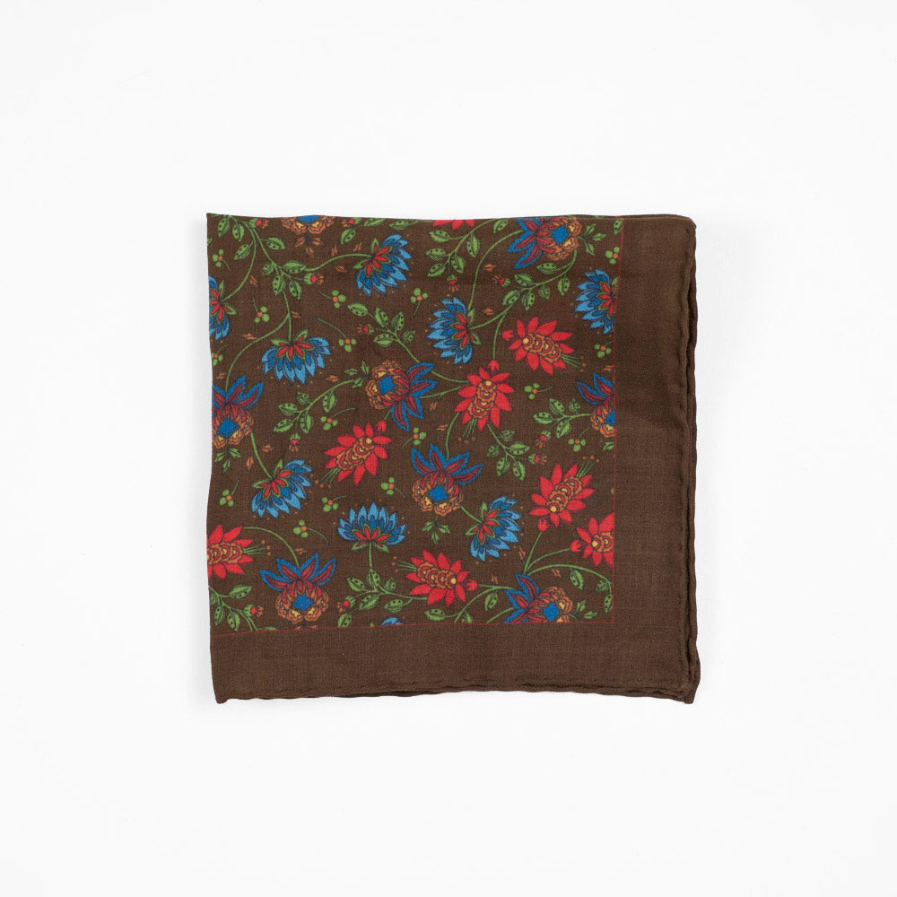 Brown linen square, red, light blue, and green flower print