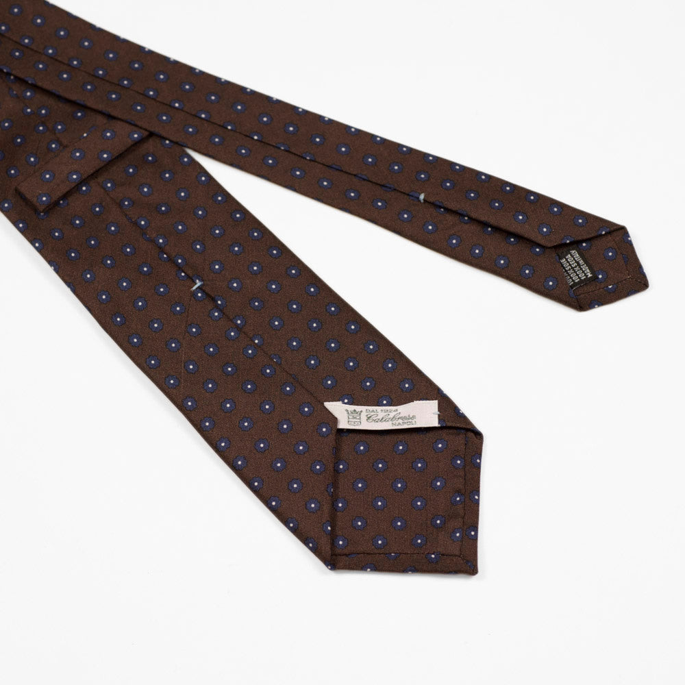 Brown silk twill tie, navy & white neat print