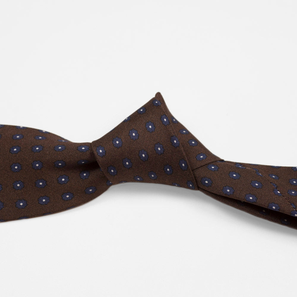 Brown silk twill tie, navy & white neat print