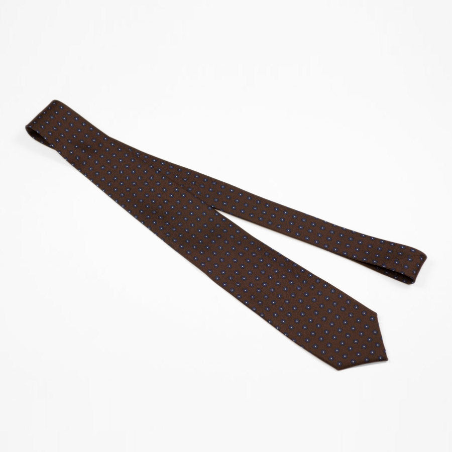 Brown silk twill tie, navy & white neat print