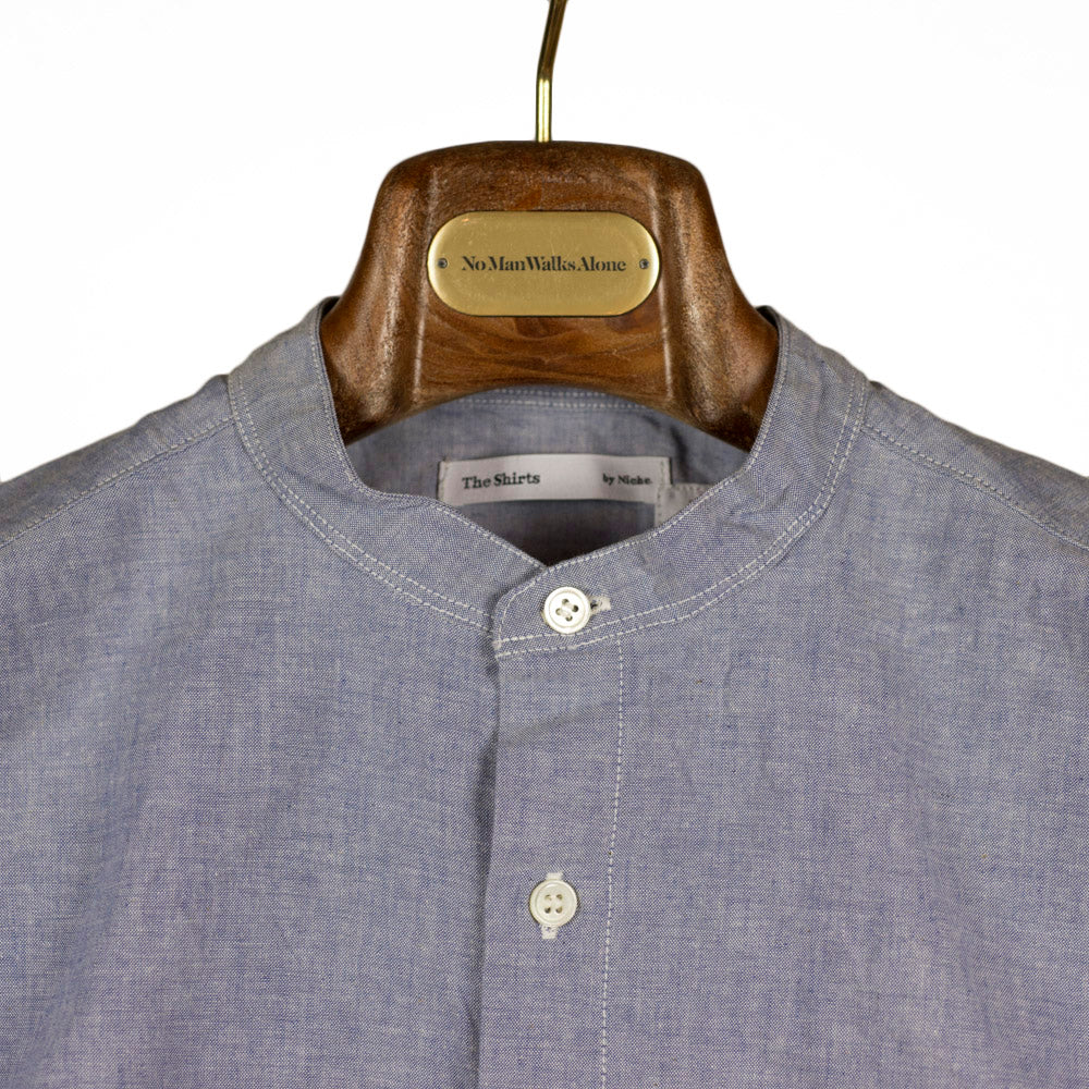 Blue chambray grandpa collar long-shirt