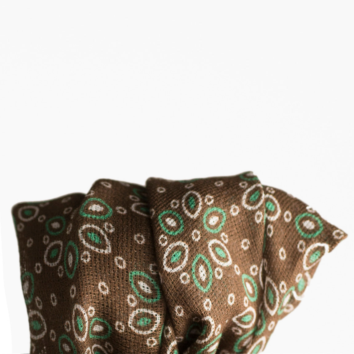 Brown cotton gauze pocket square, white & green abstract flower print