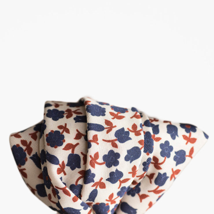 Cream cotton & silk pocket square, navy & copper flower print