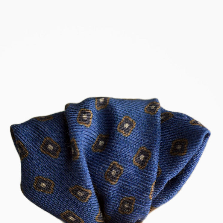 Double-faced wool pocket square, blue, brown & cream neat print