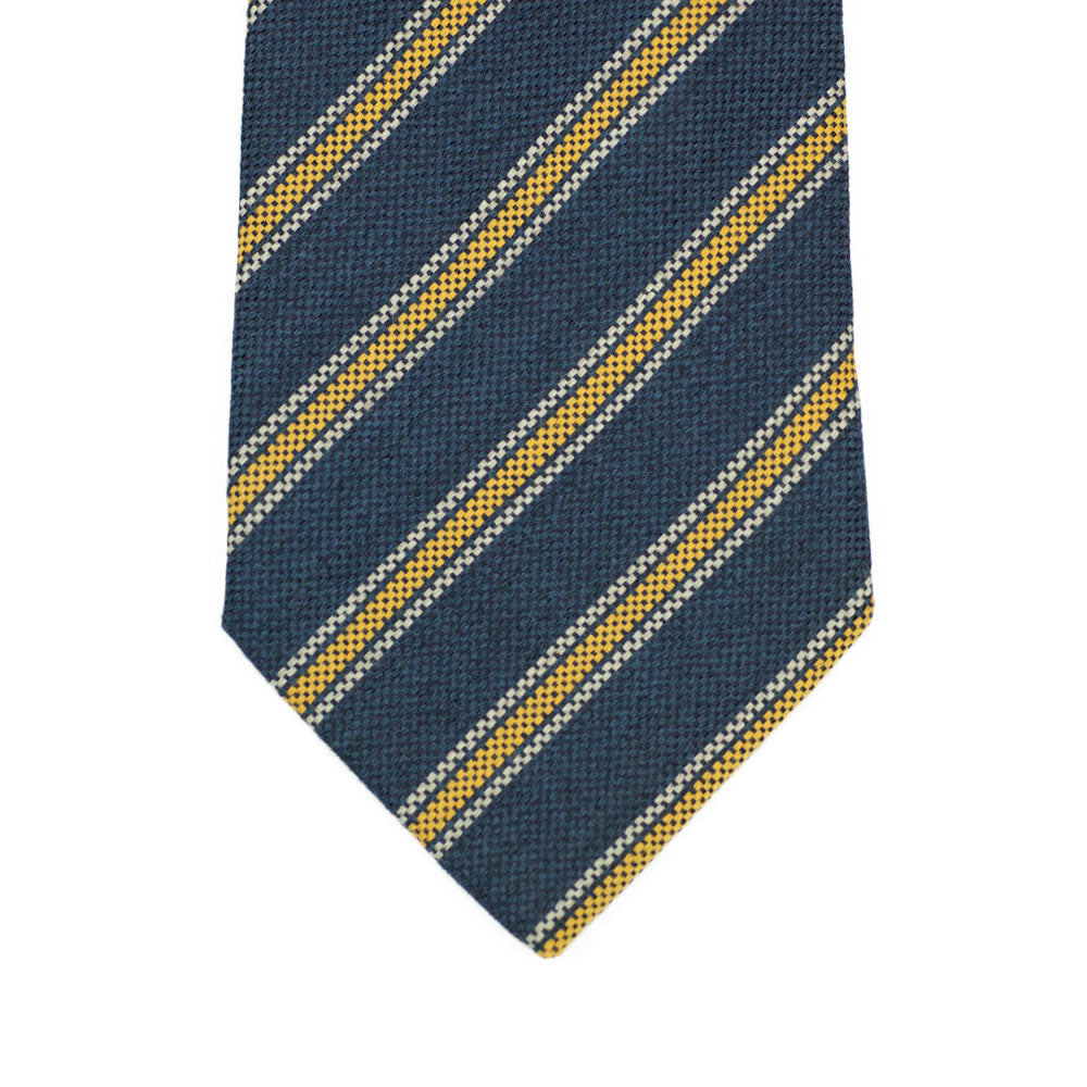 Blue panama wool & silk tie, yellow & white stripes