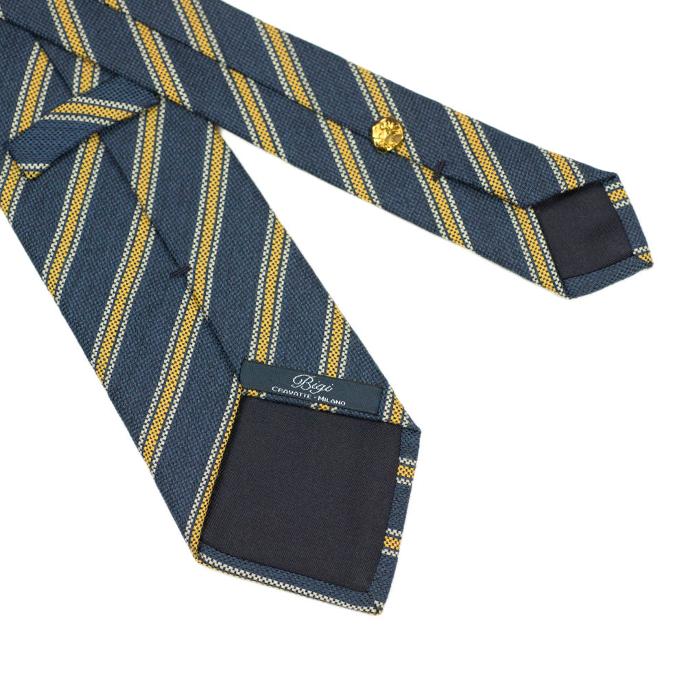 Blue panama wool & silk tie, yellow & white stripes