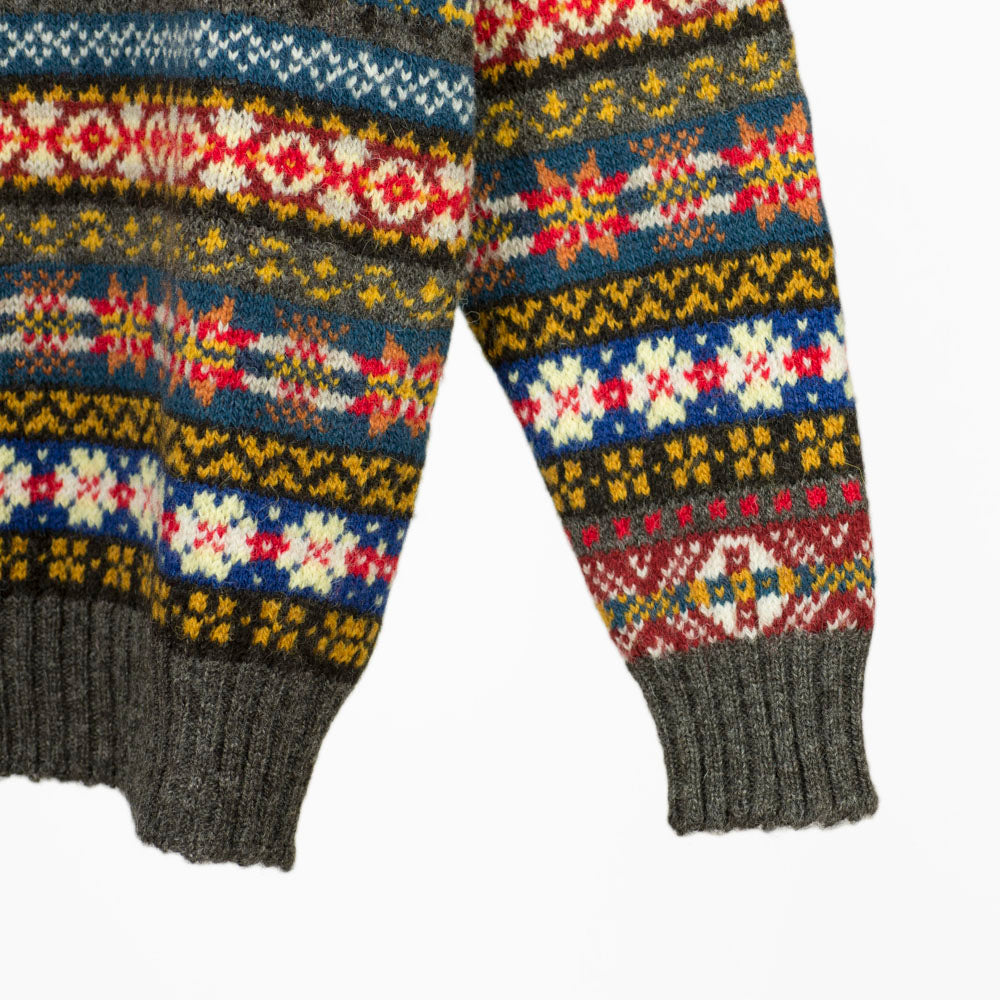 Fair Isle crew-neck sweater, grey, blue, burgundy & sunflower