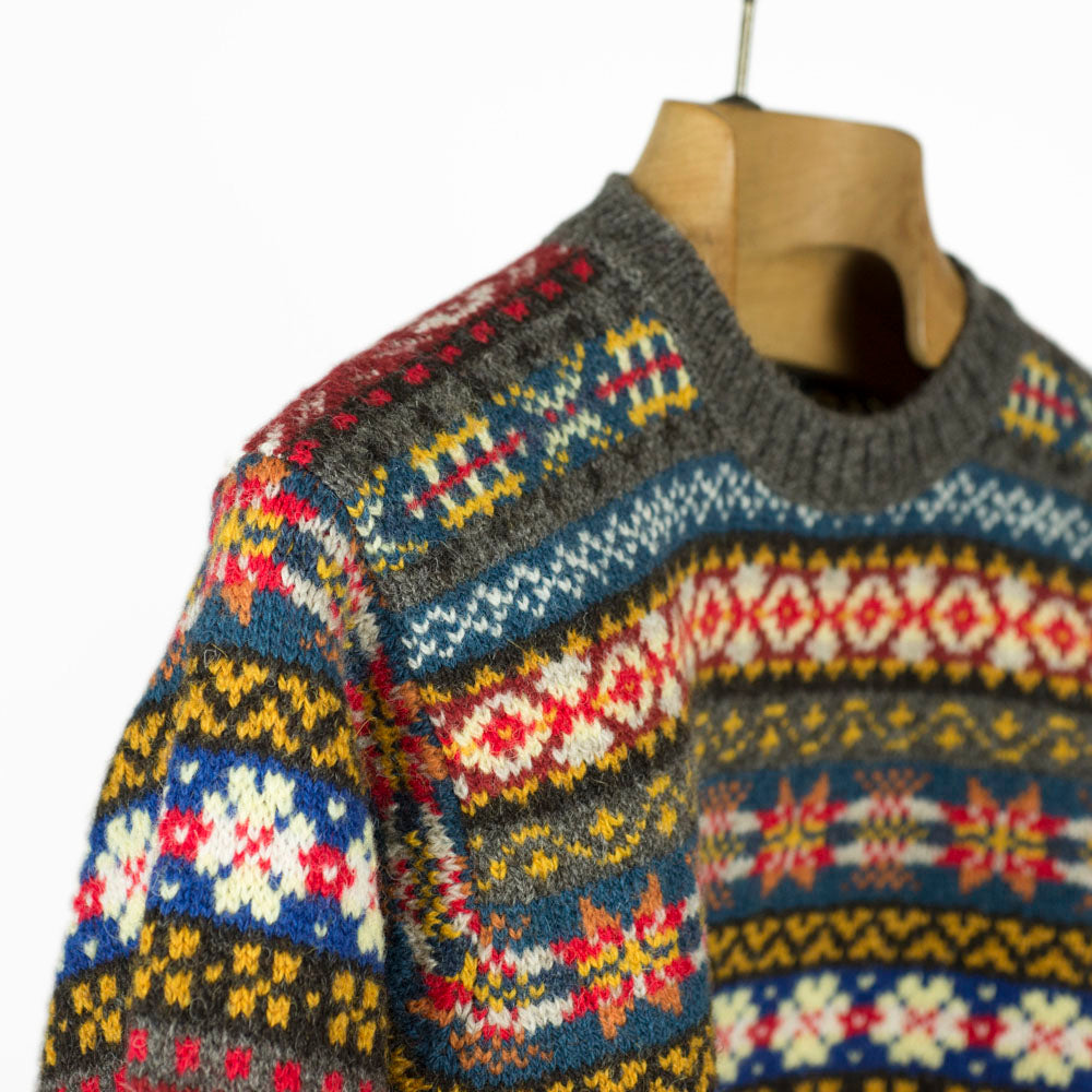 Fair Isle crew-neck sweater, grey, blue, burgundy & sunflower