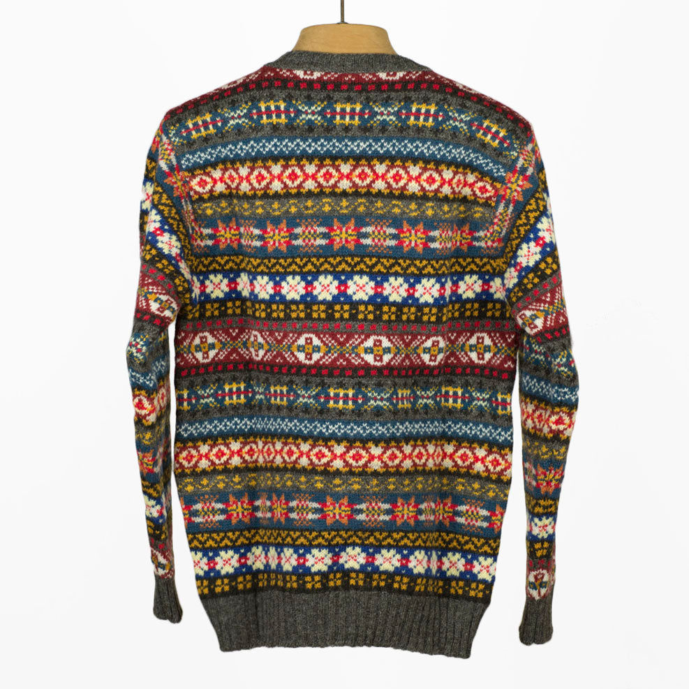 Fair Isle crew-neck sweater, grey, blue, burgundy & sunflower