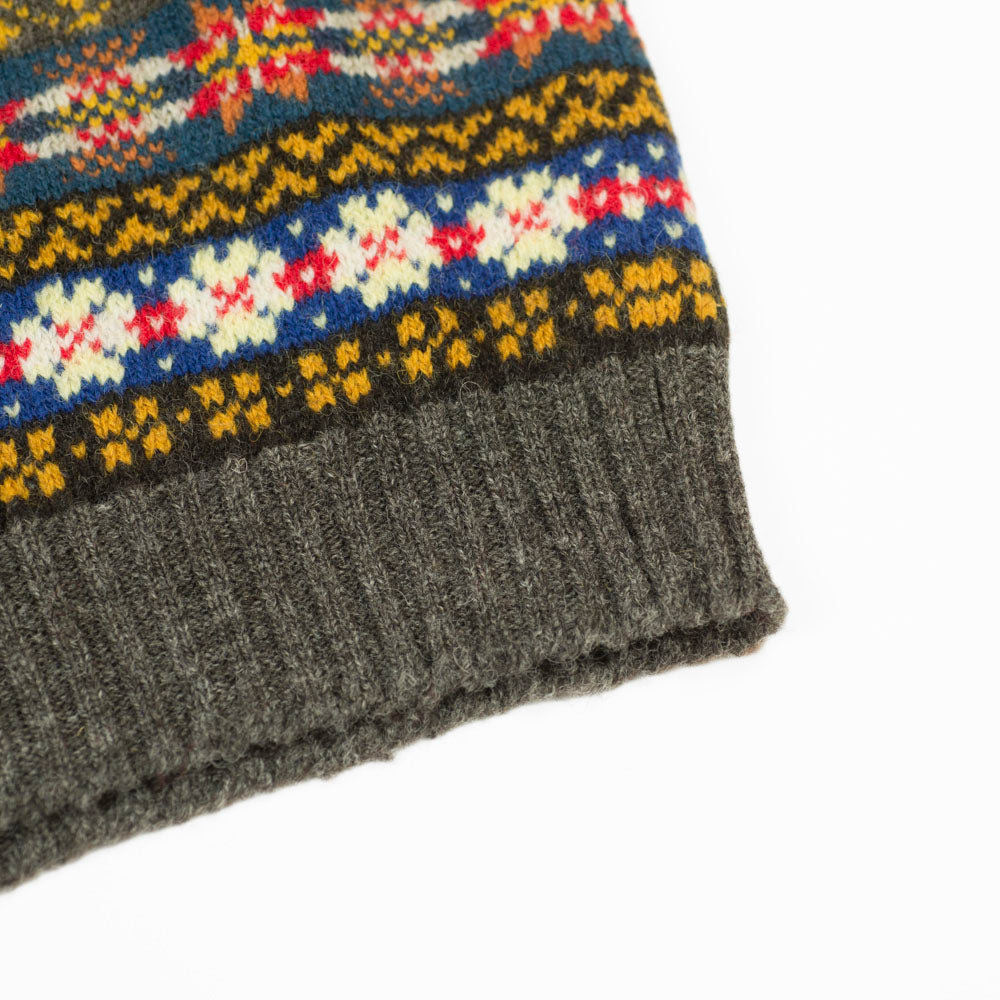 Fair Isle crew-neck sweater, grey, blue, burgundy & sunflower