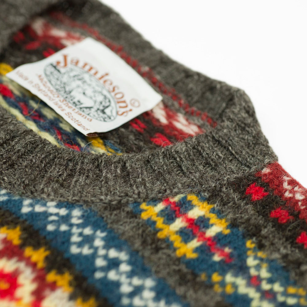 Fair Isle crew-neck sweater, grey, blue, burgundy & sunflower