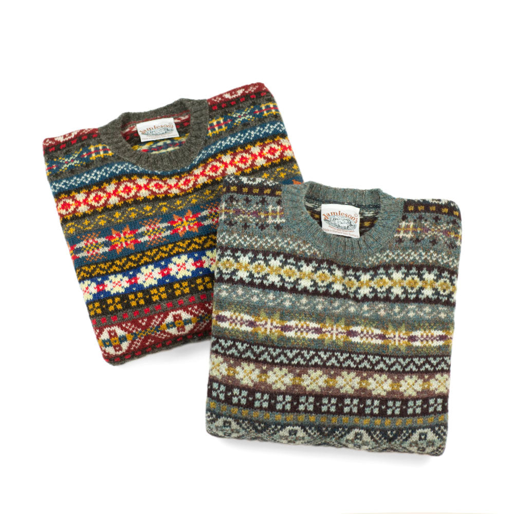 Fair Isle crew-neck sweater, grey, blue, burgundy & sunflower