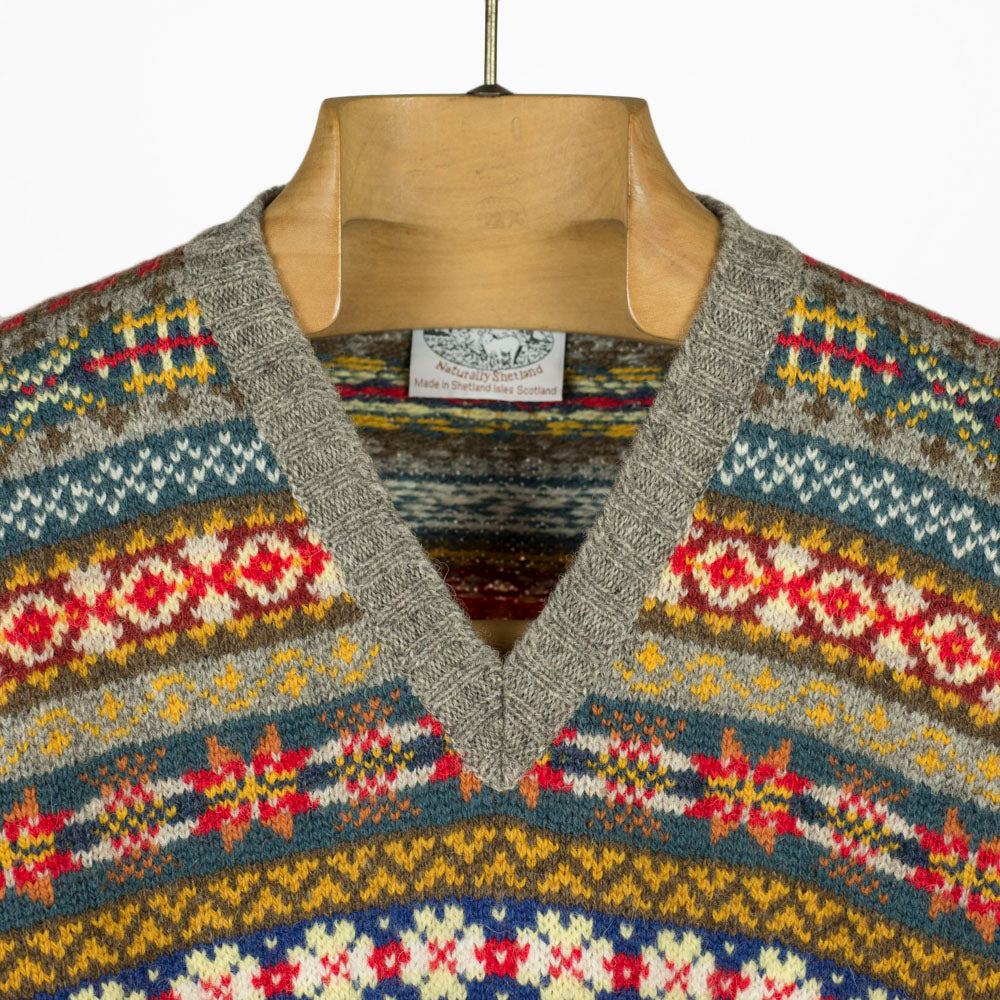 Fair Isle v-neck long-sleeve sweater, grey, blue, mustard, teal & red