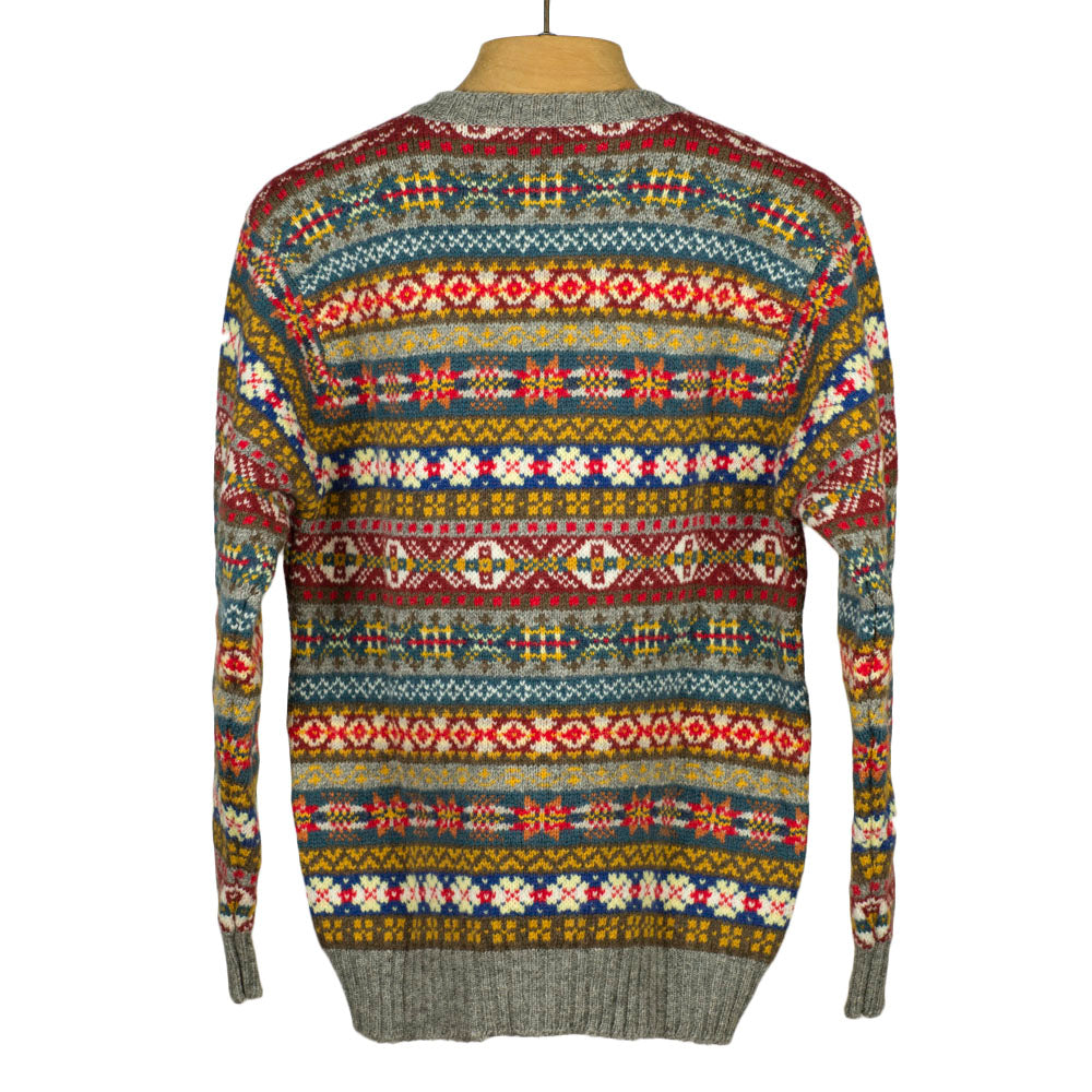 Fair Isle v-neck long-sleeve sweater, grey, blue, mustard, teal & red