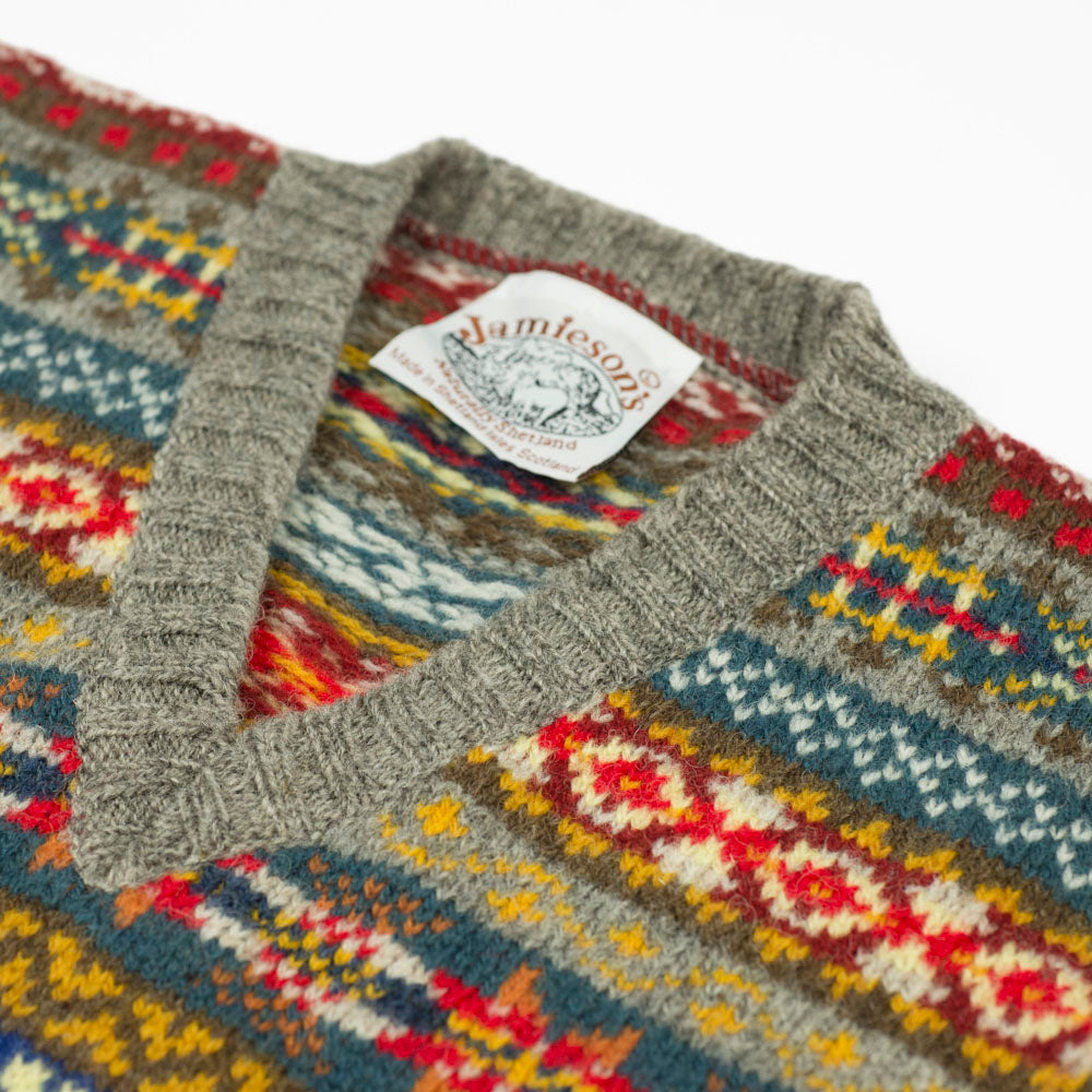 Fair Isle v-neck long-sleeve sweater, grey, blue, mustard, teal & red