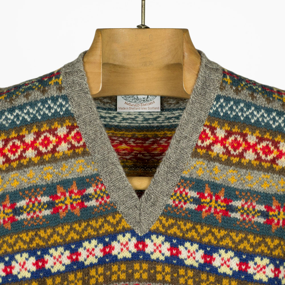 Fair Isle v-neck sweater vest,  grey, blue, mustard, teal & red