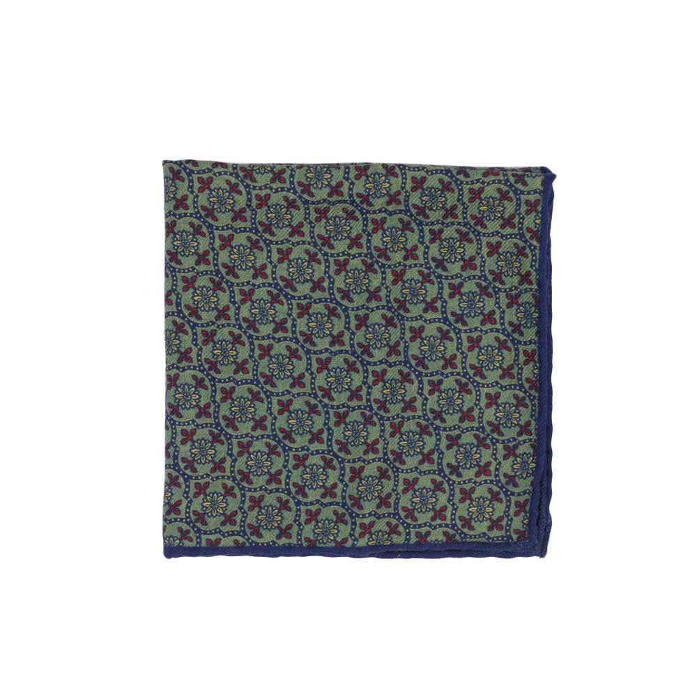 Green wool pocket square, red and blue floral print