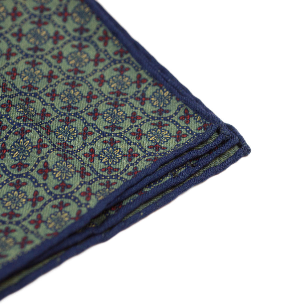 Green wool pocket square, red and blue floral print