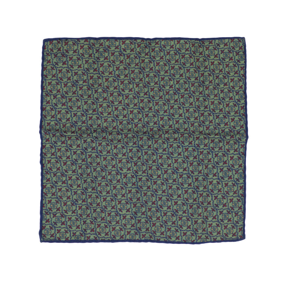 Green wool pocket square, red and blue floral print