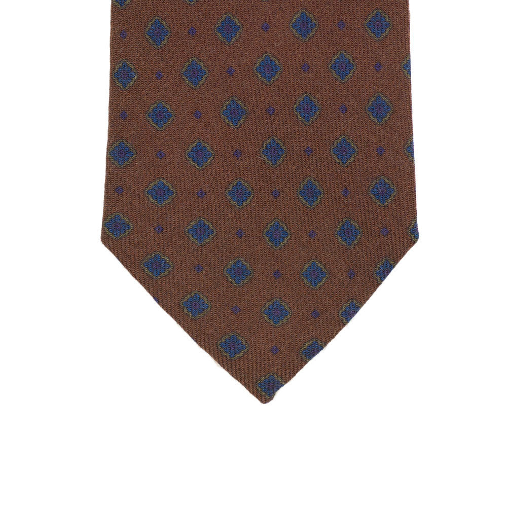 Brown self-tipped wool tie, navy neat print