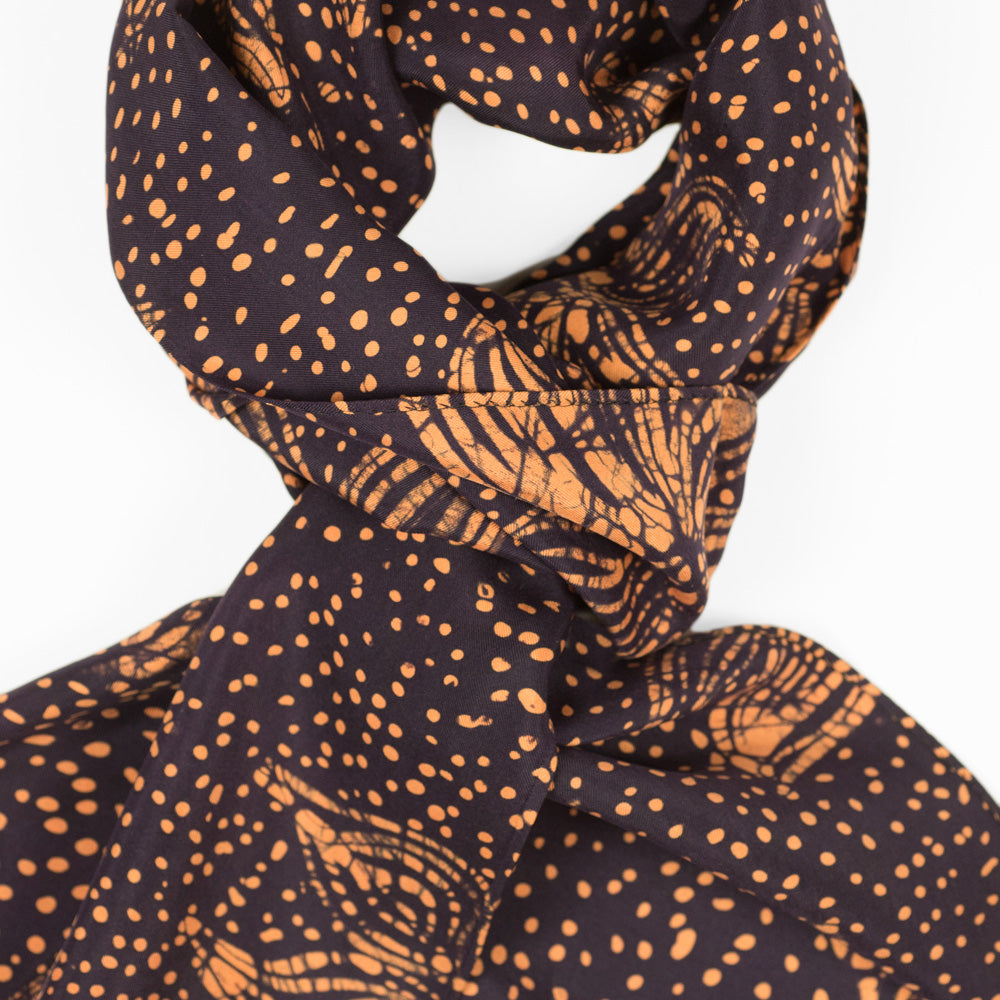 Dark purple & orange silk scarf, Olorun pattern