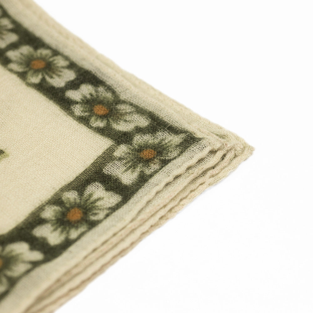 Cream wool gauze pocket square, green & goldenrod flower print