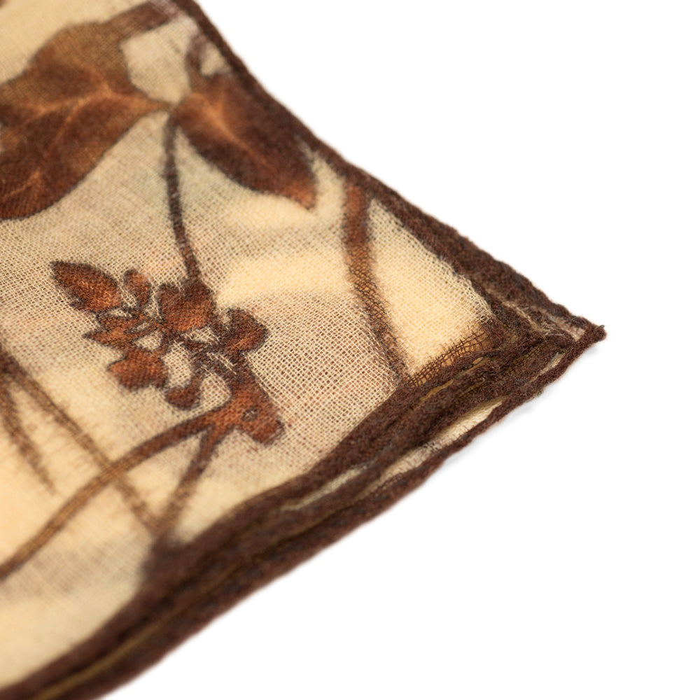 Cream wool gauze pocket square, brown autumnal moon print