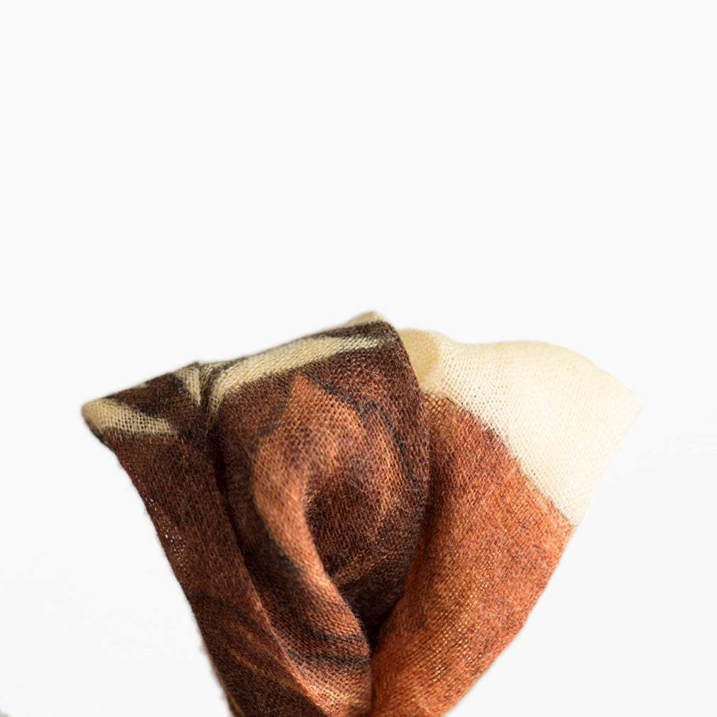 Cream wool gauze pocket square, brown autumnal moon print