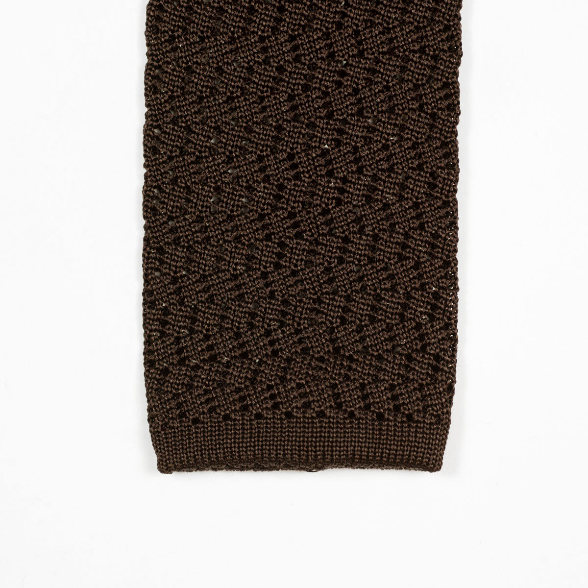 Brown square bottom silk knit tie, zig-zag weave