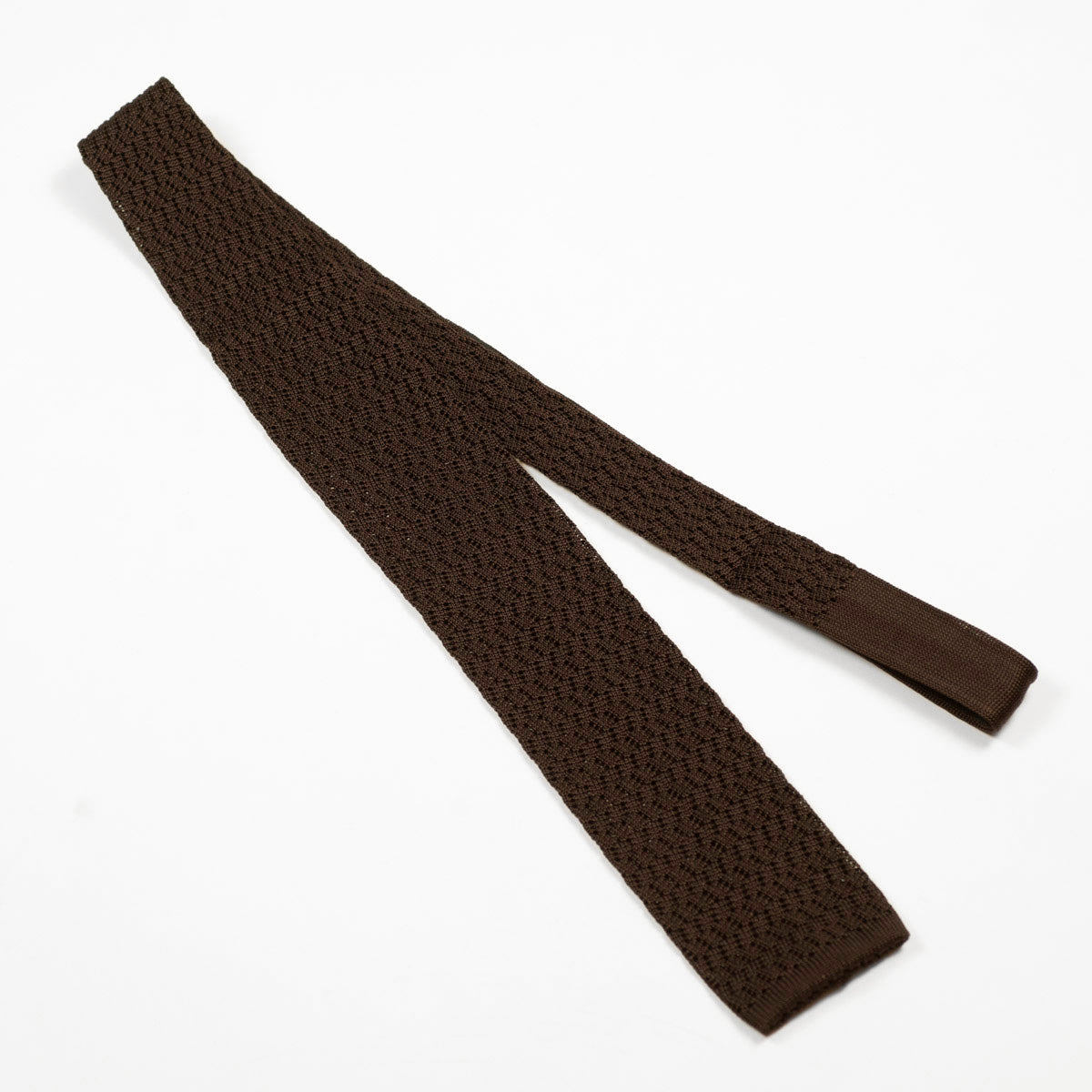 Brown square bottom silk knit tie, zig-zag weave