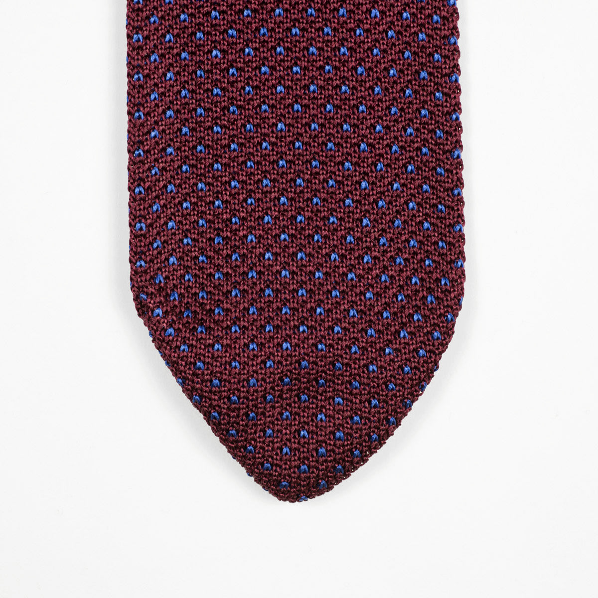 Burgundy pointed bottom silk knit tie, navy birdseye