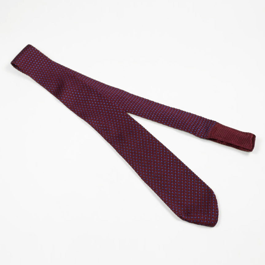 Burgundy pointed bottom silk knit tie, navy birdseye