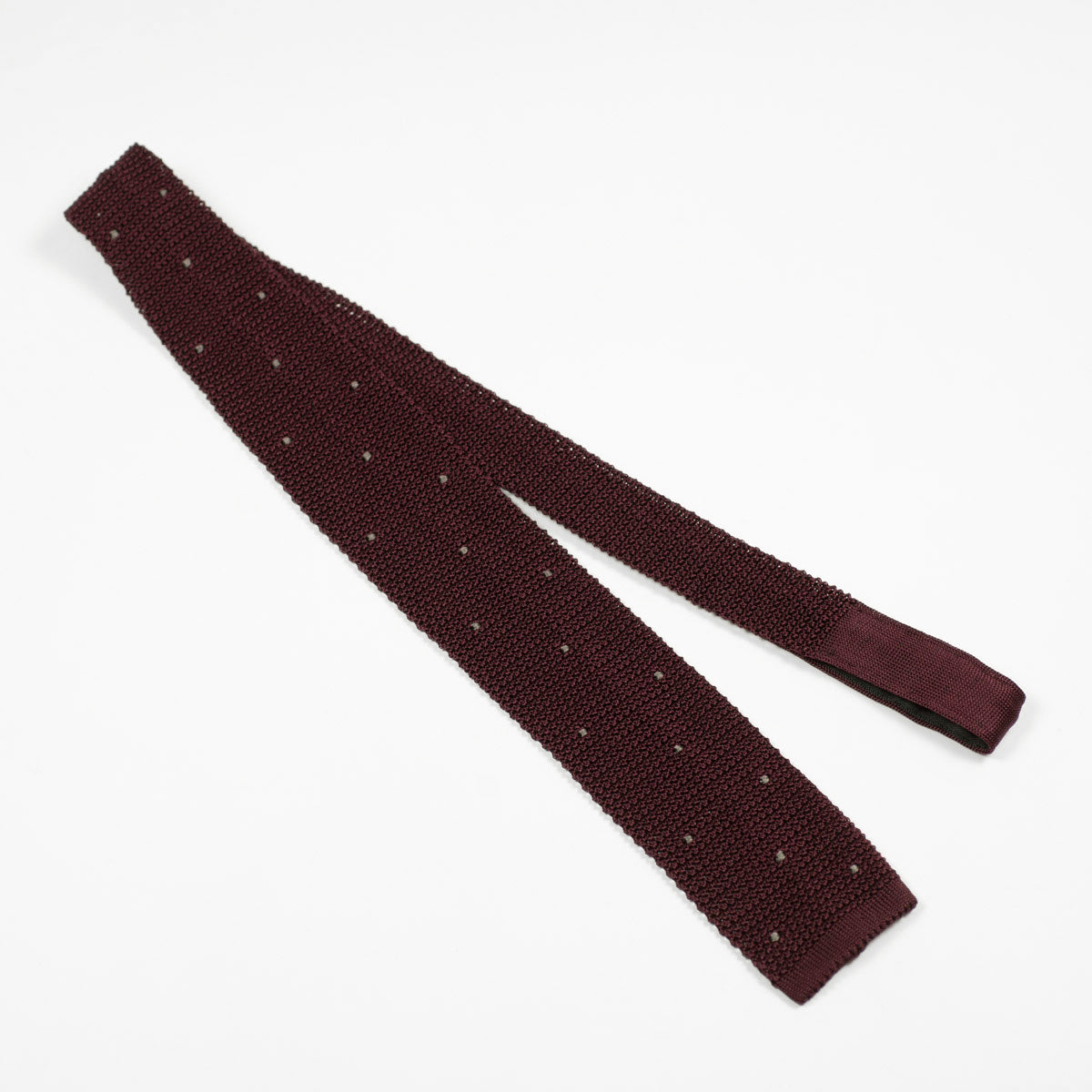 Burgundy square bottom silk knit tie, hand-sewn grey dots